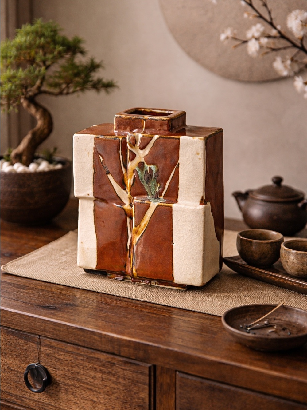 Signed stamp Handcrafted Ceramic Vase with Brown and Cream Glaze